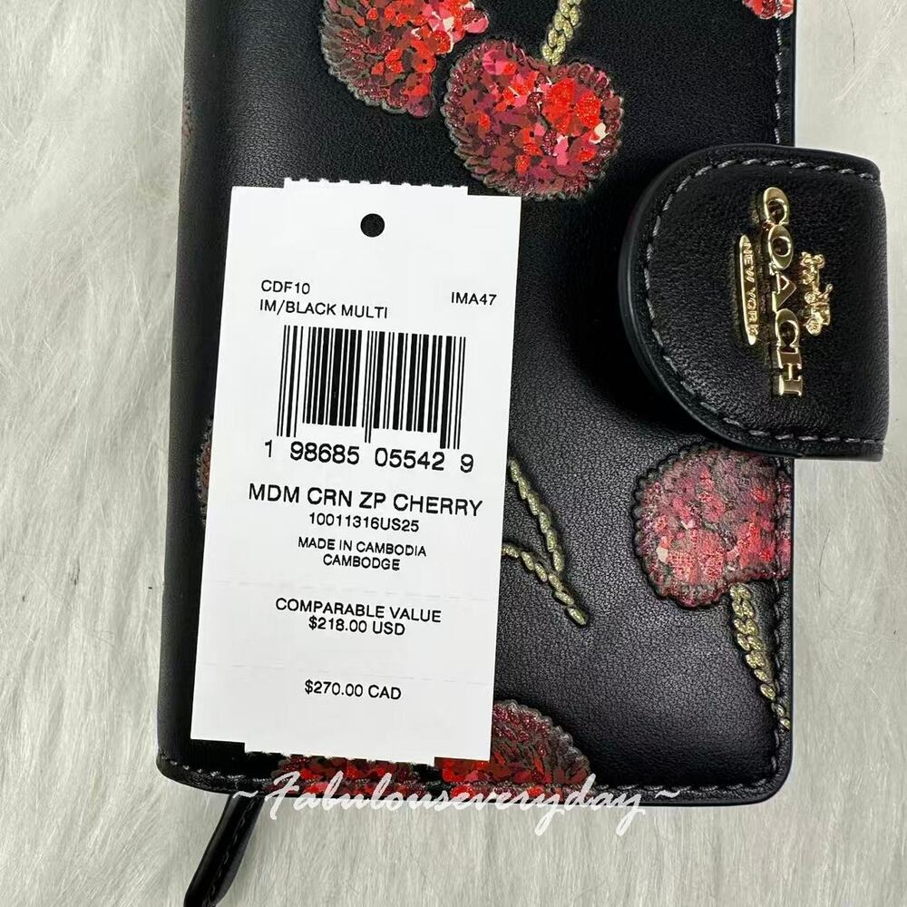 Coach Medium Corner Zip Wallet With Cherry Print Leather Gold/Black Multi CDF10 - Picture 4 of 6